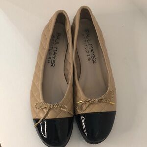 Paul Mayer Attitudes Beige Quilted and Black Patent Leather Flats